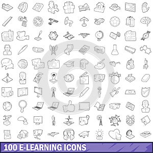 100 e-learning icons set, outline style