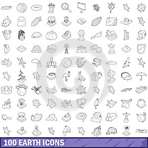100 earth icons set, outline style