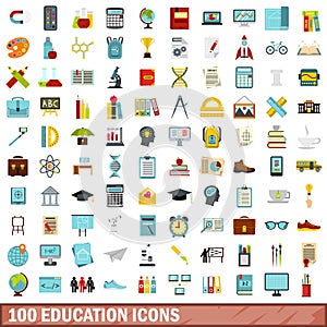 100 education icons set, flat style
