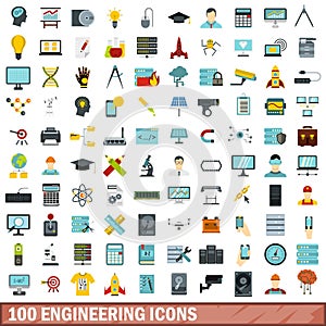100 engineering icons set, flat style