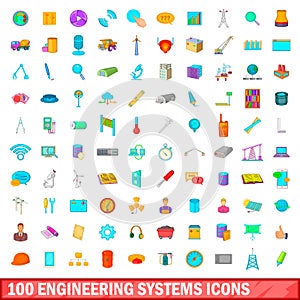 100 engineering systems icons set, cartoon style
