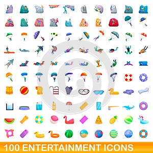 100 entertainment icons set, cartoon style