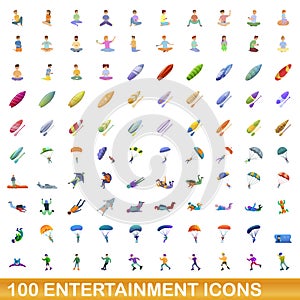 100 entertainment icons set, cartoon style