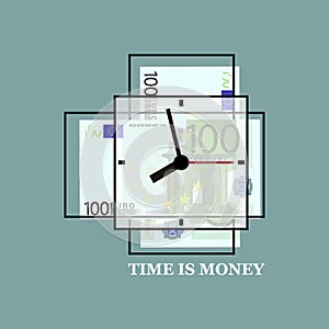 100. Euro banknotes, bills. Clock. Time is money. Several euros with a dial on a green matte background. Emblem