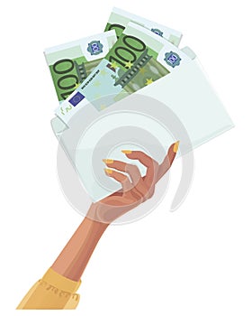 100 euro bills. Womans hand holds an envelope with cash isolated on white background. Poster