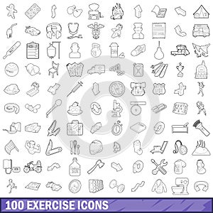 100 exercise icons set, outline style