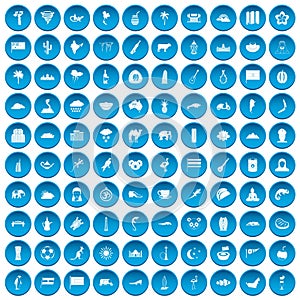 100 exotic animals icons set blue