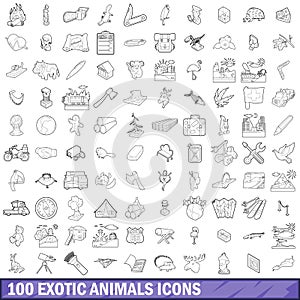 100 exotic animals icons set, outline style