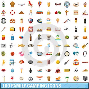 100 family camping icons set, cartoon style