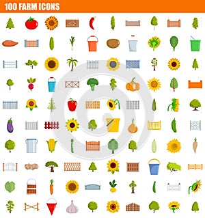 100 farm icon set, flat style