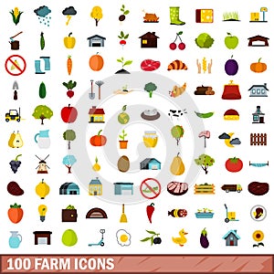 100 farm icons set, flat style