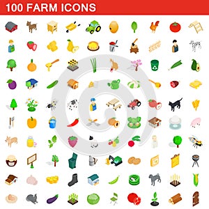 100 farm icons set, isometric 3d style