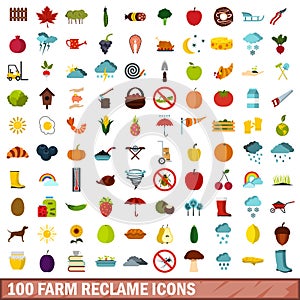 100 farm reclame icons set, flat style