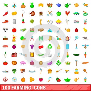 100 farming icons set, cartoon style