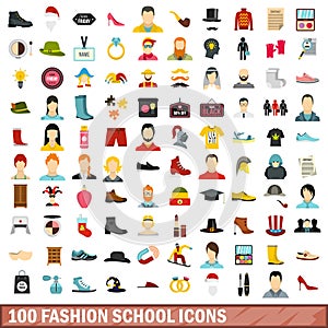 100 fashion school icons set, flat style