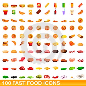 100 fast food icons set, cartoon style