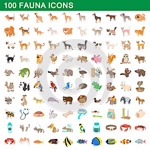 100 fauna icons set, cartoon style