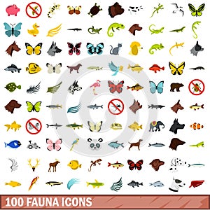 100 fauna icons set, flat style