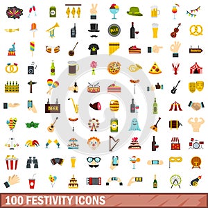 100 festivity icons set, flat style