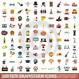 100 fete brainstorm icons set, flat style