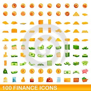 100 finance icons set, cartoon style