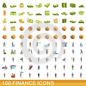 100 finance icons set, cartoon style