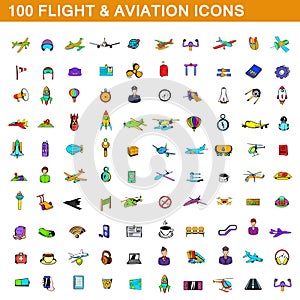 100 flight and aviation icons set, cartoon style