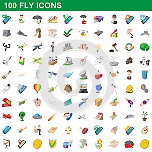100 fly icons set, cartoon style