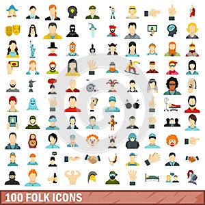 100 folk icons set, flat style