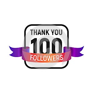 100 followers number with color bright ribbon isolated vector icon. One hundred follower thank you