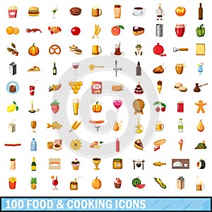 100 food and cooking icons set, cartoon style