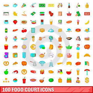 100 food court icons set, cartoon style