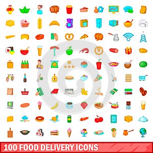 100 food delivery icons set, cartoon style