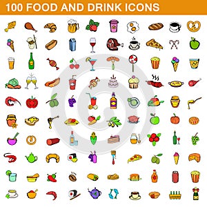 100 food and drink icons set, cartoon style