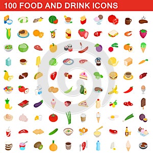 100 food and drink icons set, isometric 3d style