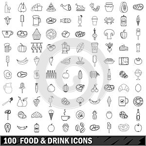 100 food and drink icons set, outline style