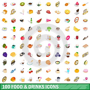 100 food and drinks icons set, isometric 3d style