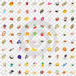 100 food and kitchen icons set, isometric 3d style