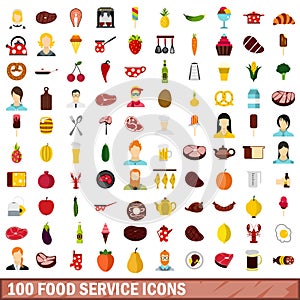 100 food service icons set, flat style