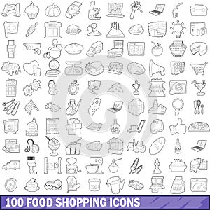 100 food shopping icons set, outline style