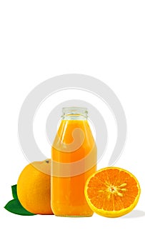 100% fresh-squeezed orange juice in a glass bottle And citrus fruit split on white background. Concept of how to live with a