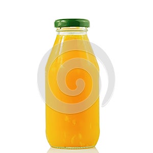 100% fresh-squeezed orange juice in a glass bottle with a green lid With orange texture isolated on white background Concept of