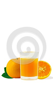 100% fresh-squeezed orange juice in a glass And citrus fruit split on white background. Concept of how to live with a naturally