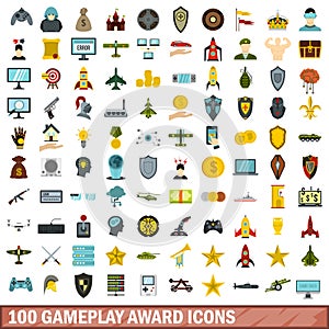 100 gameplay award icons set, flat style