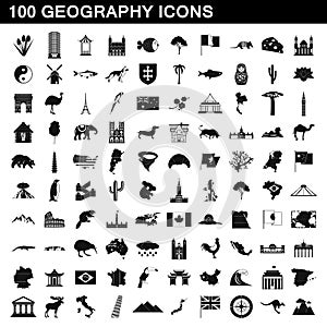 100 geography icons set, simple style