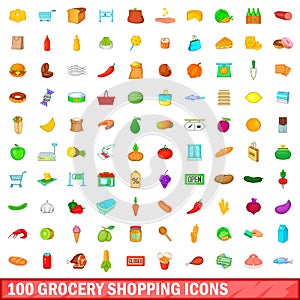 100 grocery shopping icons set, cartoon style