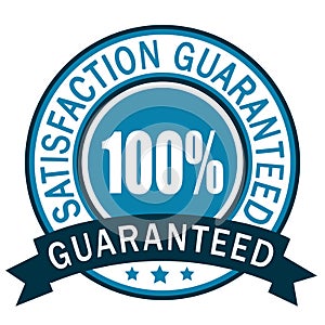 100% Guaranteed. Satisfaction guaranteed badge label. Blue icon.