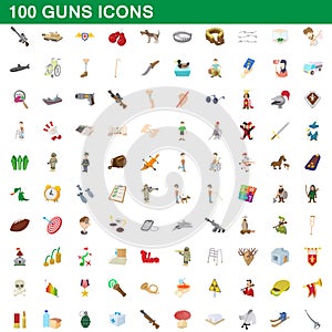 100 guns icons set, cartoon style