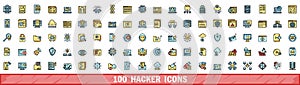 100 hacker icons set, color line style