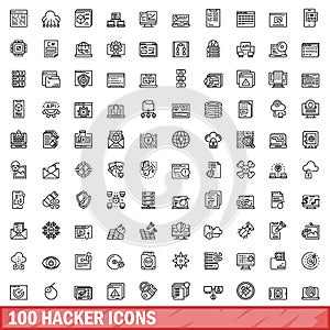 100 hacker icons set, outline style